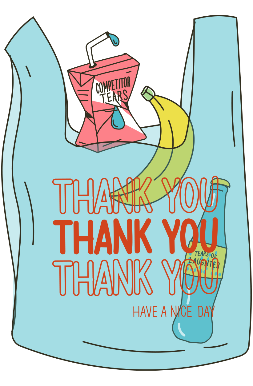 Illustration of a paper bag with “Competitor tears” sippy cup. Humor Branding Agency Illustration of a paper bag with "Competitor tears" juice box.
