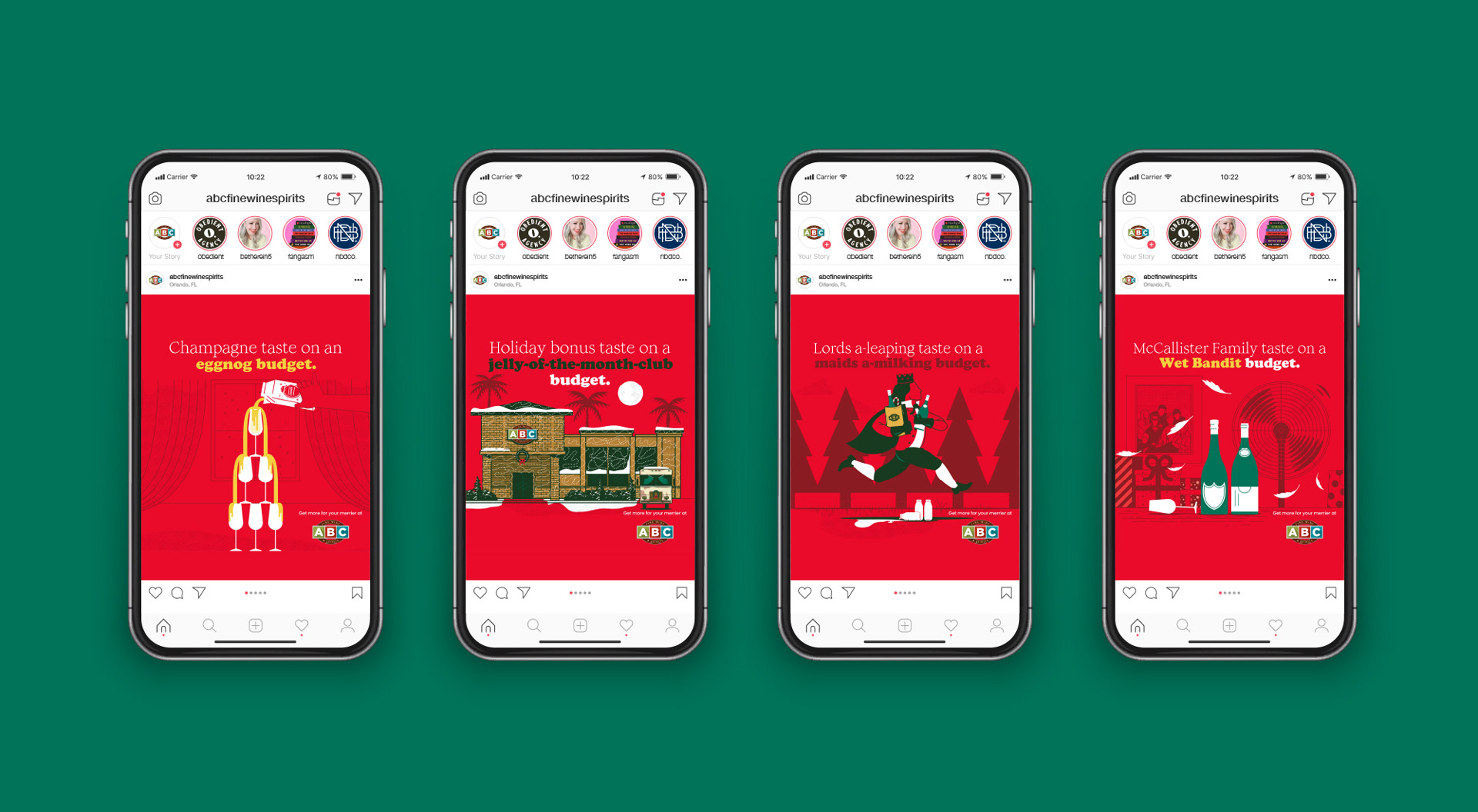 4 Mobile phones with ABC Fine Wines & Spirits instagram posts on them.