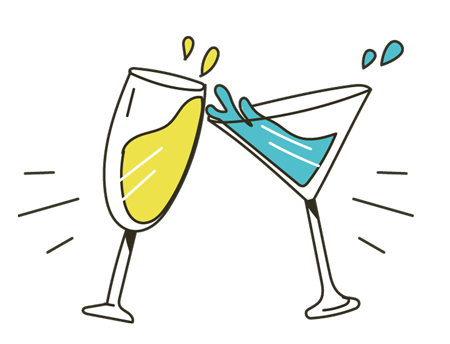 Illustration of two glasses filled with alcohol 'cheersing'.