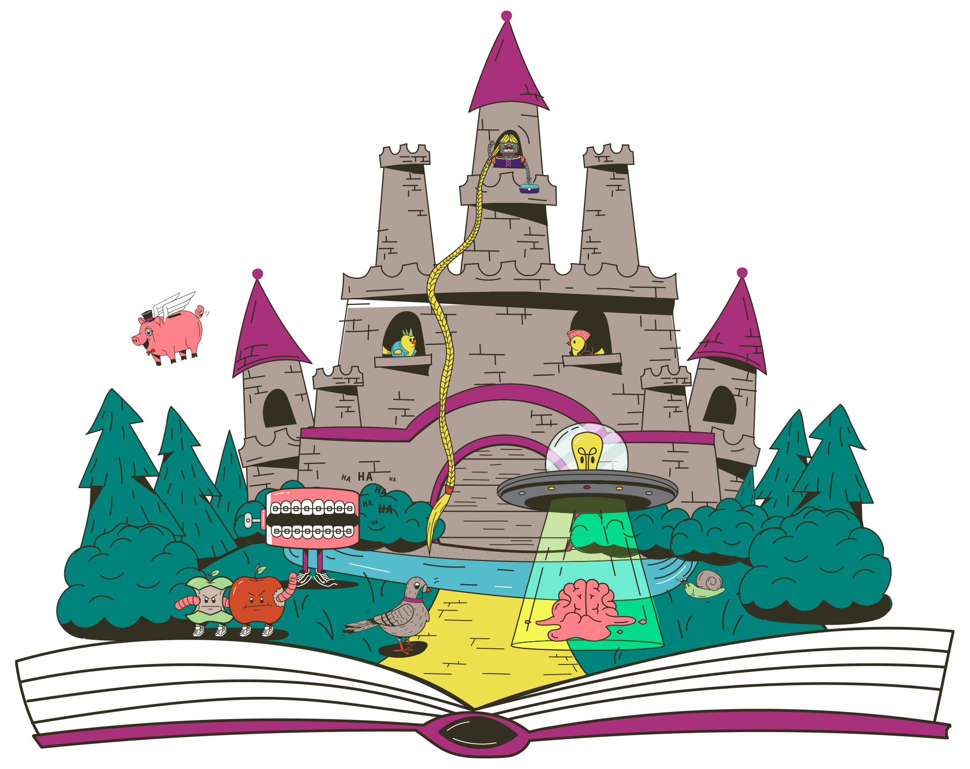 Our Kingdom Illustration of book opening up with our Obedient Characters introducing our Hilarious clients