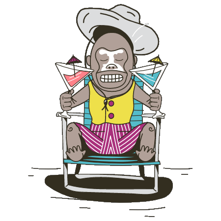 OA-Illustration-Monkey-Suntan Obedient Humor Branding & Marketing Agency - Illustration of a toy monkey having drinks and sunbathing in a beach chair.