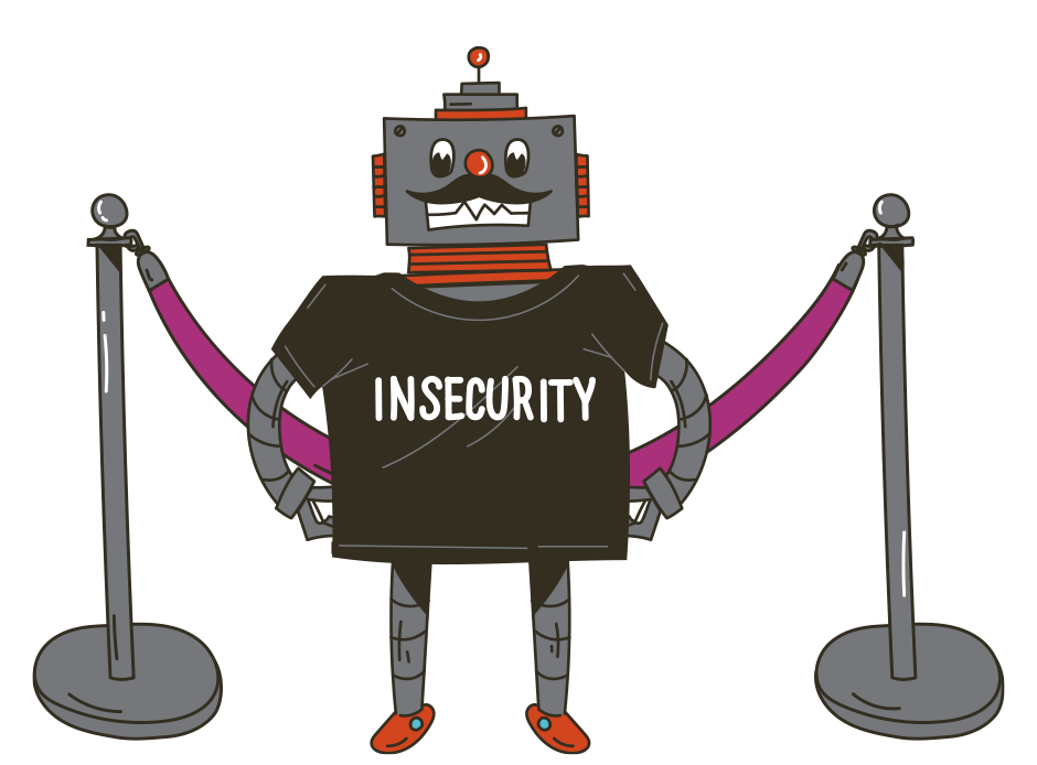 Vault-Rob Obedient Agency's Rob the Robot Illustration wearing an INSECURITY shirt while guarding Obedient's secrets.