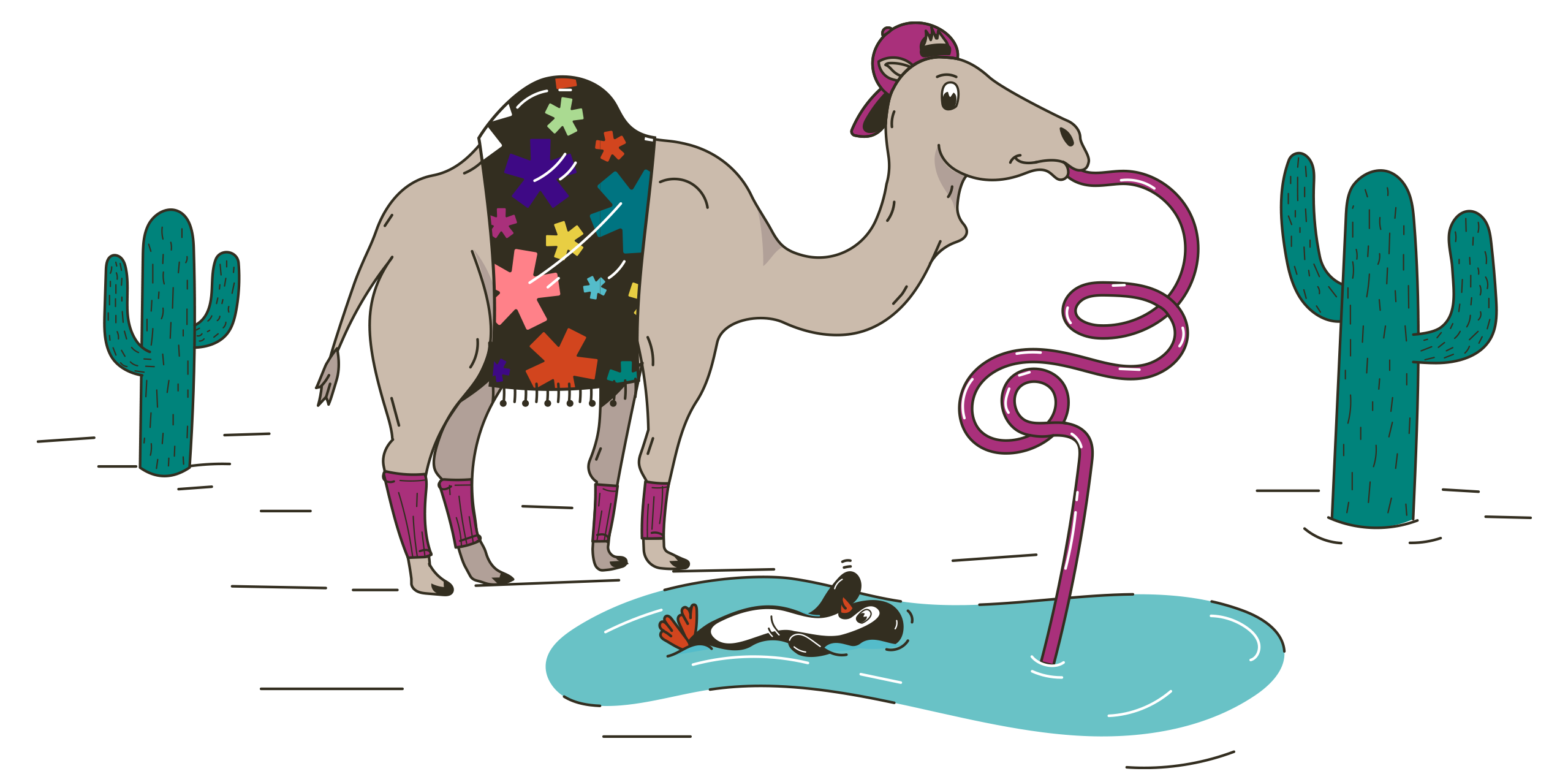 Illustration of a camel sipping in an oasis watering hole. Humor Branding Agency Illustration of a camel sipping in an oasis watering hole.