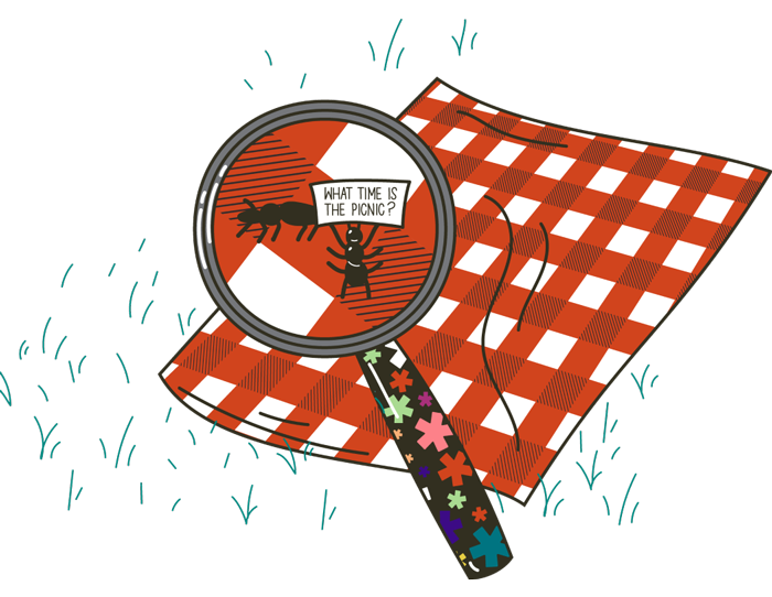 Illustration of a picnic blanket with ants under a magnifying glass. Illustration of a picnic blanket with ants under a magnifying glass.